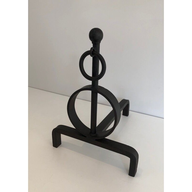Pair of Modernist Wrought Iron Andirons, French Work, circa 1970