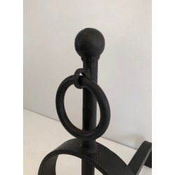 Paire de Chenets Modernistes en Fer Forgé, Travail Français, vers 1970