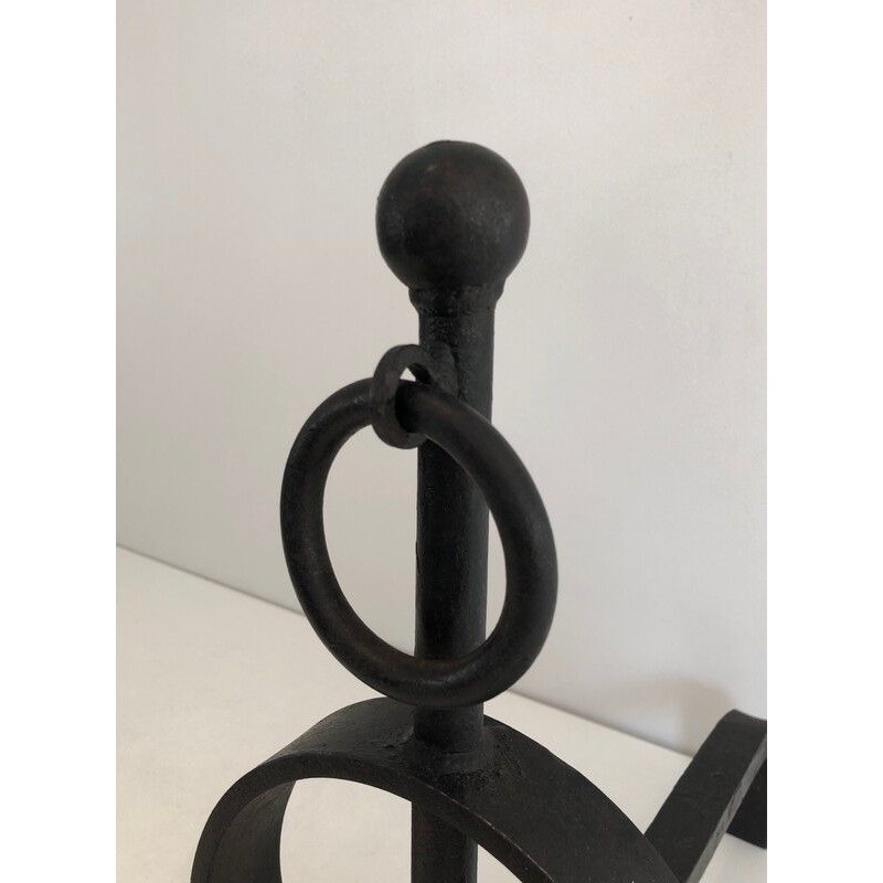 Paire de Chenets Modernistes en Fer Forgé, Travail Français, vers 1970