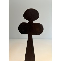 Pair of Steel and Wrought Iron Andirons with Clover Motifs, French Work, circa 1950