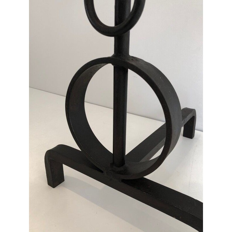 Pair of Modernist Wrought Iron Andirons, French Work, circa 1970