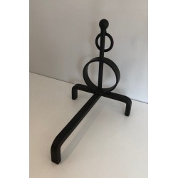 Paire de Chenets Modernistes en Fer Forgé, Travail Français, vers 1970