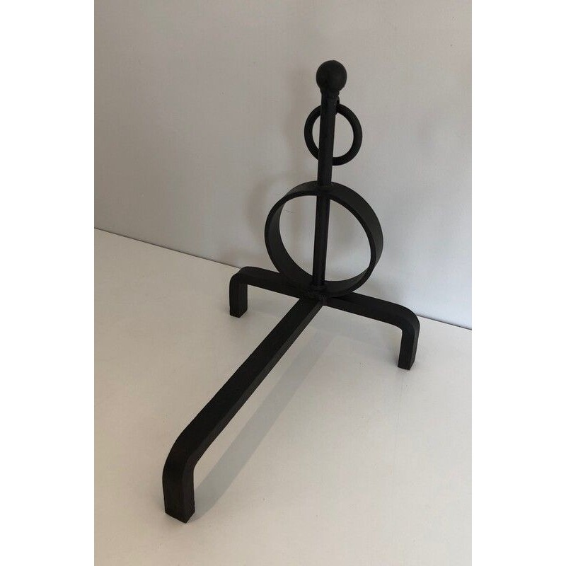 Pair of Modernist Wrought Iron Andirons, French Work, circa 1970