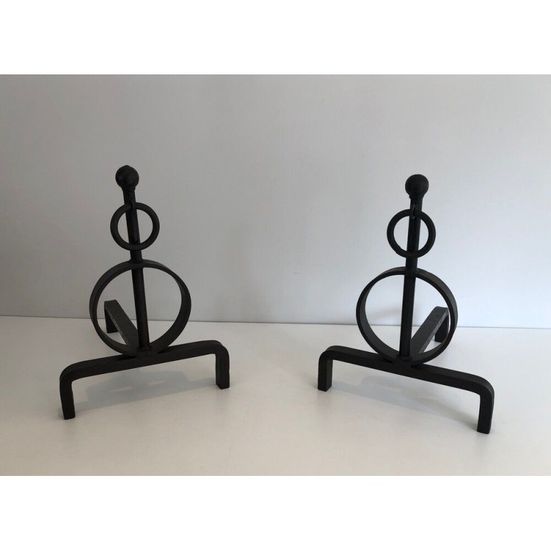 Pair of Modernist Wrought Iron Andirons, French Work, circa 1970