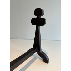 Pair of Steel and Wrought Iron Andirons with Clover Motifs, French Work, circa 1950