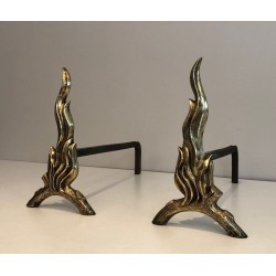Pair of Bronze and Wrought Iron Flame-Form Andirons, French Work, circa 1970