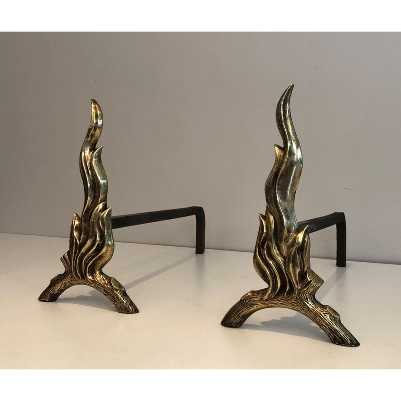 Pair of Bronze and Wrought Iron Flame-Form Andirons, French Work, circa 1970