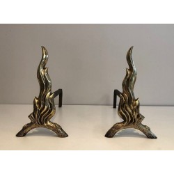 Paire de Chenets en Bronze et Fer Forgé à Flamme, Travail Français, vers 1970
