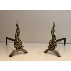 Paire de Chenets en Bronze et Fer Forgé à Flamme, Travail Français, vers 1970