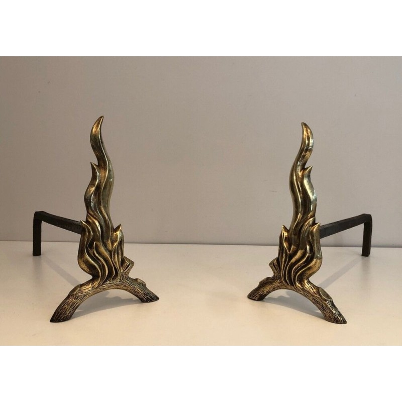 Paire de Chenets en Bronze et Fer Forgé à Flamme, Travail Français, vers 1970