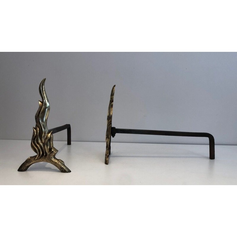 Pair of Bronze and Wrought Iron Flame-Form Andirons, French Work, circa 1970
