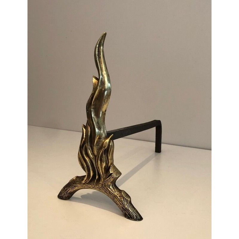 Paire de Chenets en Bronze et Fer Forgé à Flamme, Travail Français, vers 1970