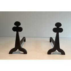 Pair of Steel and Wrought Iron Andirons with Clover Motifs, French Work, circa 1950