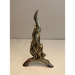 Paire de Chenets en Bronze et Fer Forgé à Flamme, Travail Français, vers 1970