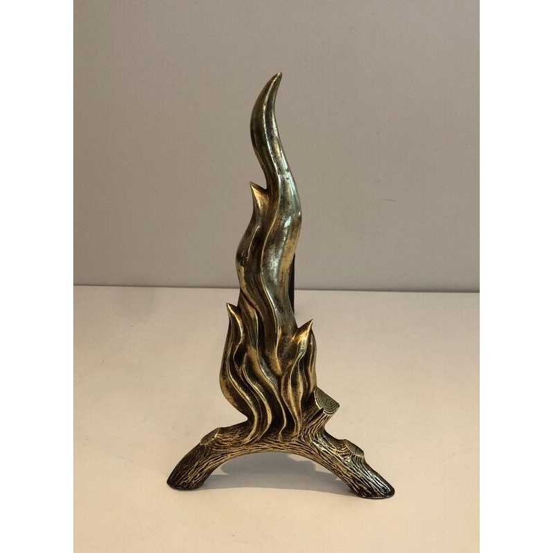 Pair of Bronze and Wrought Iron Flame-Form Andirons, French Work, circa 1970