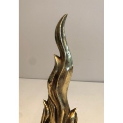 Paire de Chenets en Bronze et Fer Forgé à Flamme, Travail Français, vers 1970