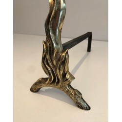 Paire de Chenets en Bronze et Fer Forgé à Flamme, Travail Français, vers 1970
