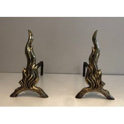 Paire de Chenets en Bronze et Fer Forgé à Flamme, Travail Français, vers 1970