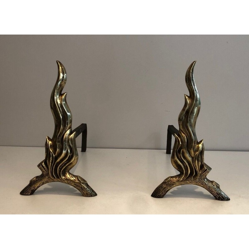 Paire de Chenets en Bronze et Fer Forgé à Flamme, Travail Français, vers 1970