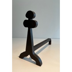 Pair of Steel and Wrought Iron Andirons with Clover Motifs, French Work, circa 1950
