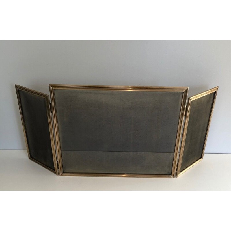 Brass and Wire Mesh Folding Fireplace Screen, French Work, circa 1970