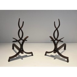 Pair of Wrought Iron Andirons by Raymond Subes, French, circa 1940