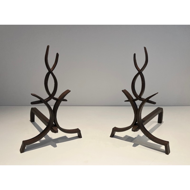 Paire de Chenets en Fer Forgé par Raymond Subes, Travail Français, vers 1940