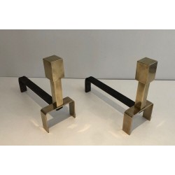 Paire de Chenets Modernistes en Laiton et Fer Forgé, Travail Français, vers 1970
