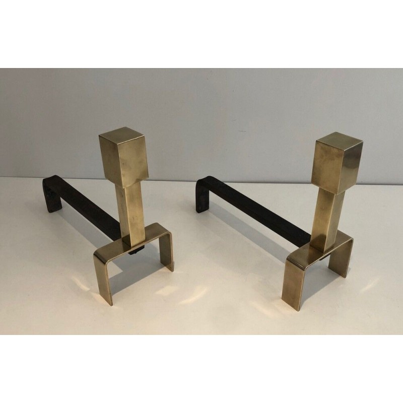 Paire de Chenets Modernistes en Laiton et Fer Forgé, Travail Français, vers 1970