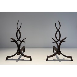 Pair of Wrought Iron Andirons by Raymond Subes, French, circa 1940