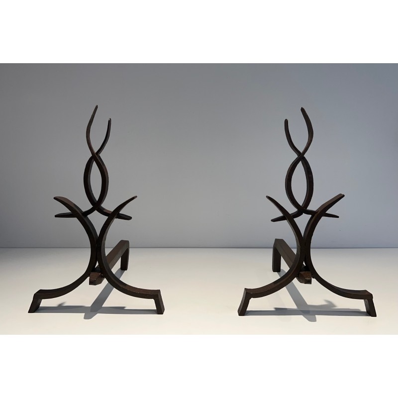 Pair of Wrought Iron Andirons by Raymond Subes, French, circa 1940