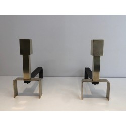 Paire de Chenets Modernistes en Laiton et Fer Forgé, Travail Français, vers 1970