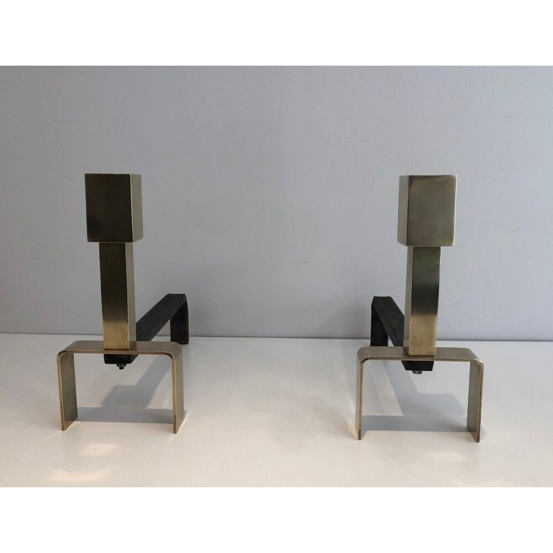 Paire de Chenets Modernistes en Laiton et Fer Forgé, Travail Français, vers 1970