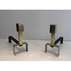 Pair of Modernist Brass and Wrought Iron Andirons, French Work, circa 1970