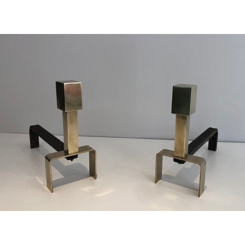Pair of Modernist Brass and Wrought Iron Andirons, French Work, circa 1970