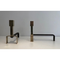 Pair of Modernist Brass and Wrought Iron Andirons, French Work, circa 1970