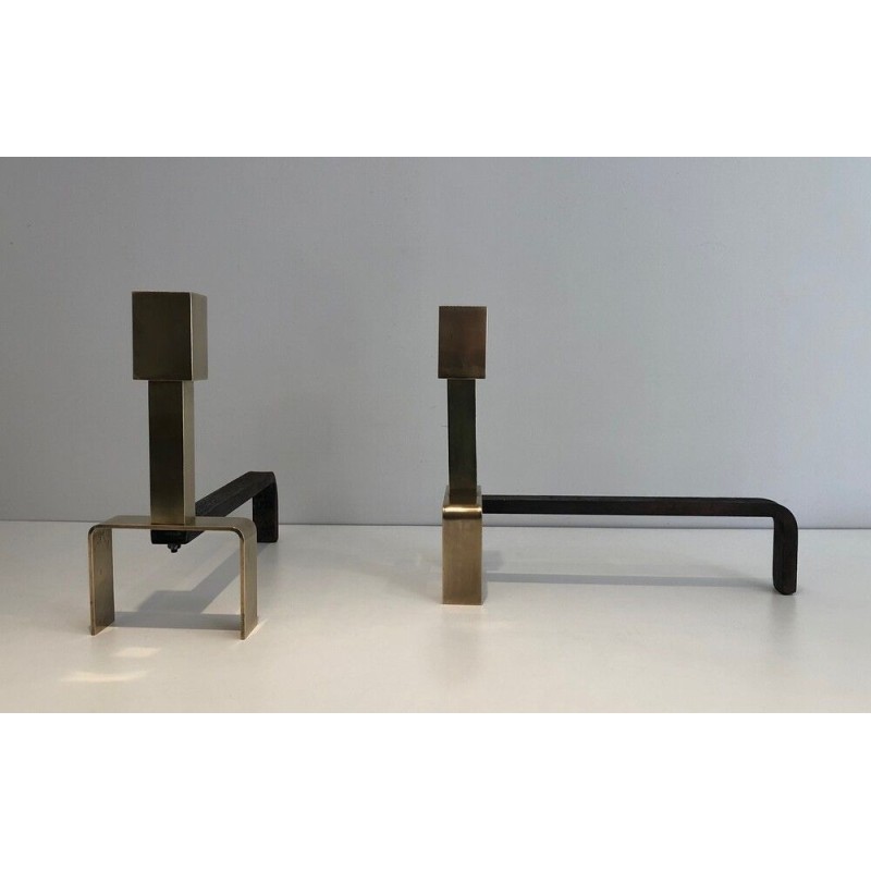 Pair of Modernist Brass and Wrought Iron Andirons, French Work, circa 1970