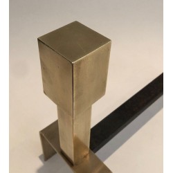 Paire de Chenets Modernistes en Laiton et Fer Forgé, Travail Français, vers 1970