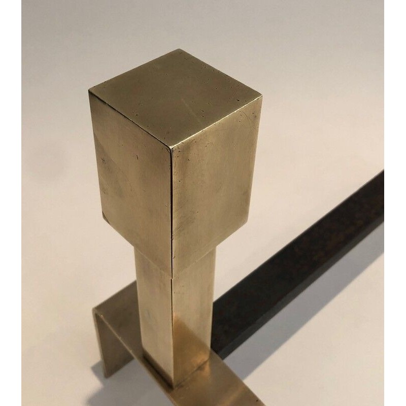 Paire de Chenets Modernistes en Laiton et Fer Forgé, Travail Français, vers 1970