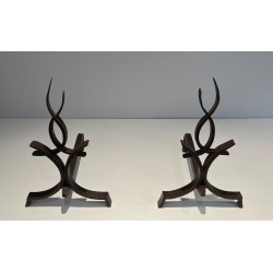 Pair of Wrought Iron Andirons by Raymond Subes, French, circa 1940