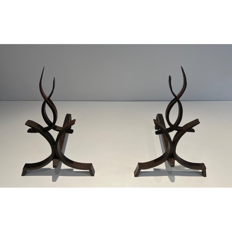 Pair of Wrought Iron Andirons by Raymond Subes, French, circa 1940