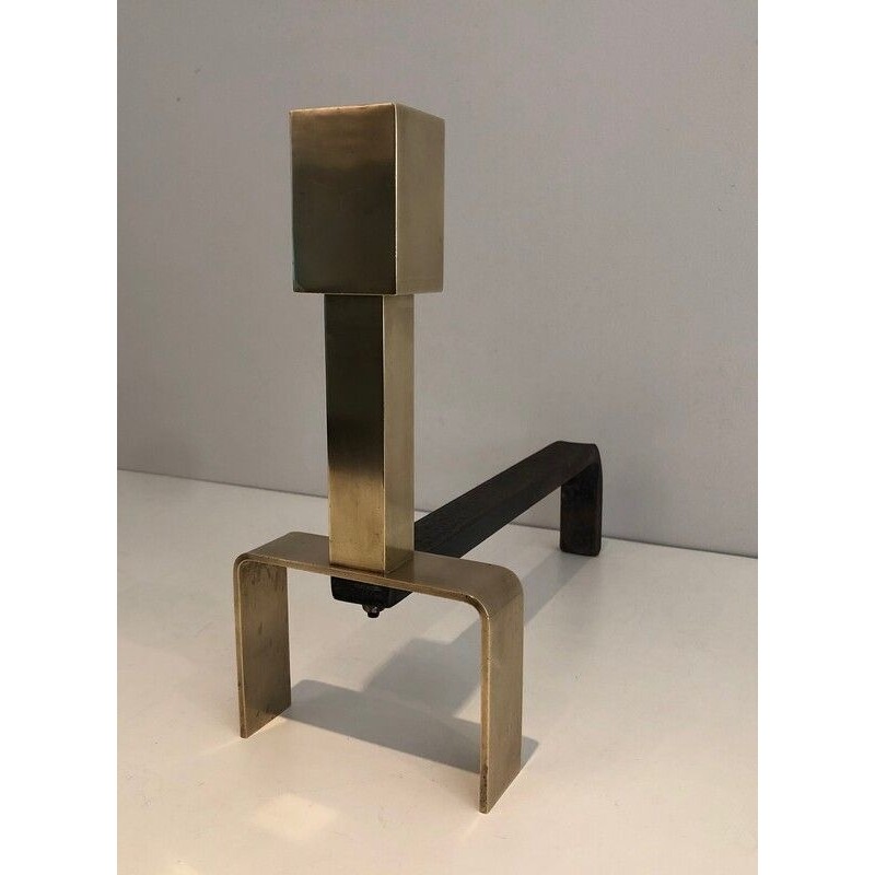 Paire de Chenets Modernistes en Laiton et Fer Forgé, Travail Français, vers 1970