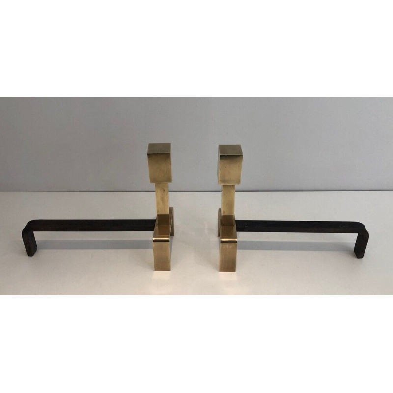 Pair of Modernist Brass and Wrought Iron Andirons, French Work, circa 1970