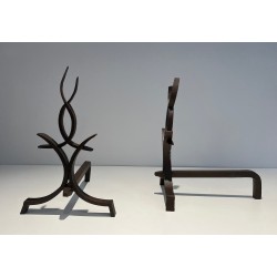 Pair of Wrought Iron Andirons by Raymond Subes, French, circa 1940