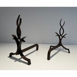 Paire de Chenets en Fer Forgé par Raymond Subes, Travail Français, vers 1940