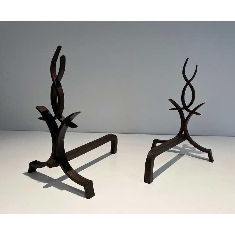 Paire de Chenets en Fer Forgé par Raymond Subes, Travail Français, vers 1940