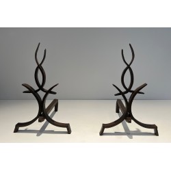 Pair of Wrought Iron Andirons by Raymond Subes, French, circa 1940