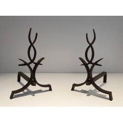 Pair of Wrought Iron Andirons by Raymond Subes, French, circa 1940