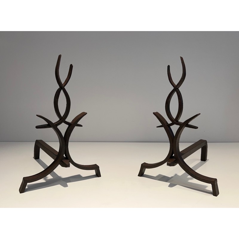 Paire de Chenets en Fer Forgé par Raymond Subes, Travail Français, vers 1940