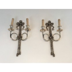 Pair of Neoclassical Silvered Bronze Wall Sconces with Ribbons and Hunting Horns, Maison Baguès, French, circa 1960